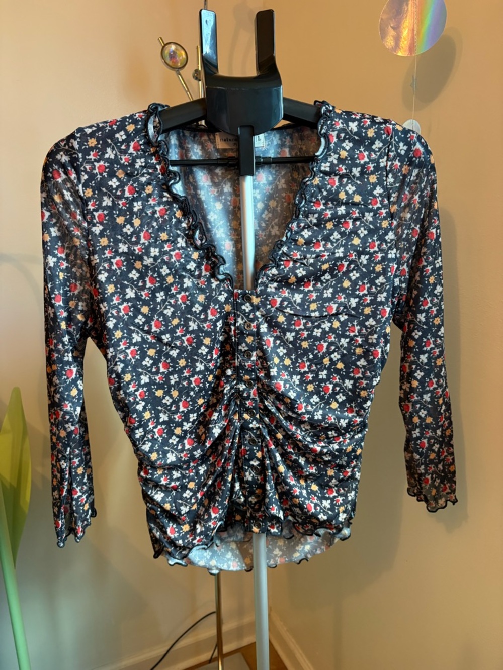 NATURAL LIFE Florence Mesh Top Black Oakley Floral Ruffle-Trim Ruched Top